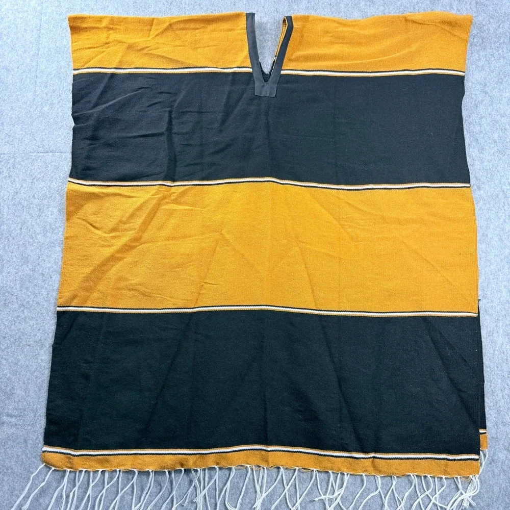 New Orleans Saints NFL Poncho Mexican Serape Black Gold Striped Fringed One Size
